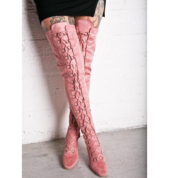 pink thigh high flat boots